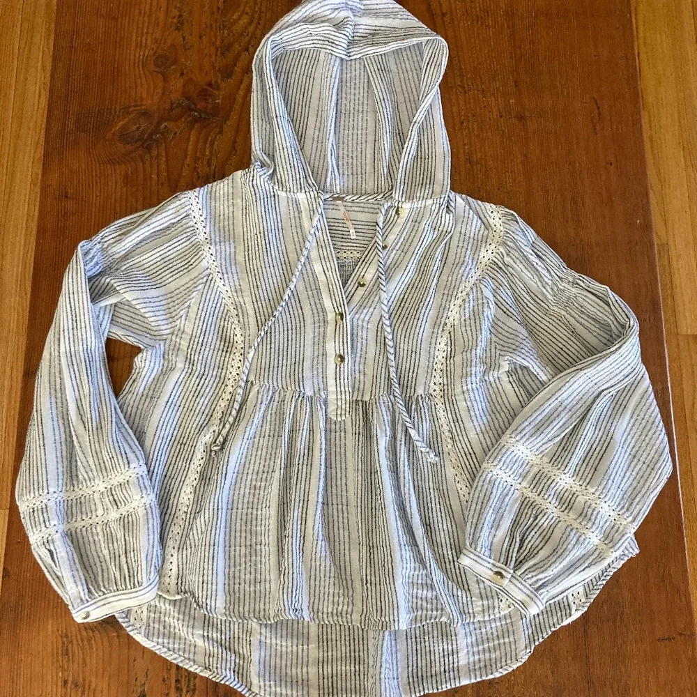 Free People Hooded Puff Sleeve Swing Shirt White, Black, Blue Stripes Size XS